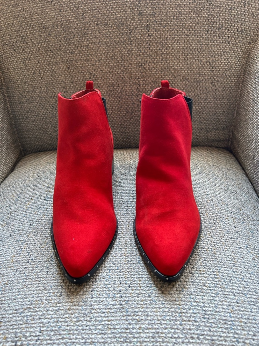Barr 111 Gabby Studded Ankle Booties in red microsuede. Size 9.5